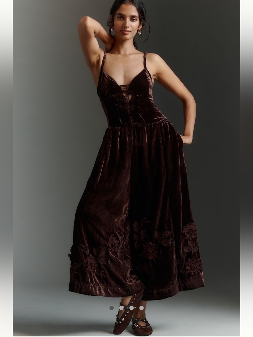 By Anthropologie 3D Floral Velvet Jumpsuit in Powdered Cocoa NWT